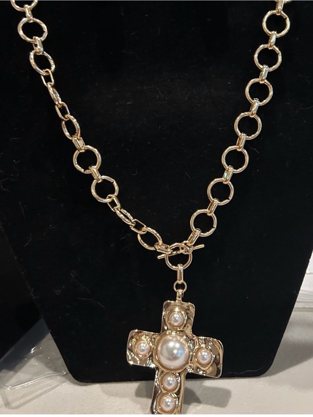 Gold Pearl Cross Pendant Necklace - Women Jewelry